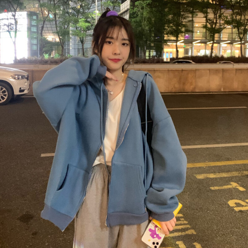 Zip-up feminino estilo coreano hoodies vintage cor sólida manga comprida oversized com capuz moletom senhora feminino casual grandes casacos