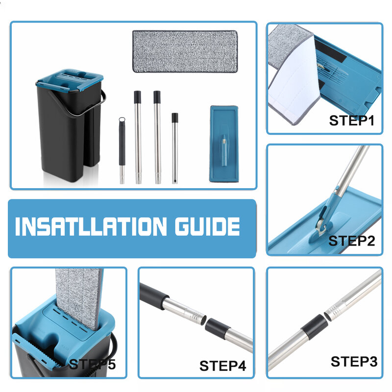 バケツ付きフラットスクイーズモップ 360度回転 手洗いしないでください 床掃除モップ 6マイクロファイバーマット  ウェットおよびドライ使用 家庭用キッチンツール