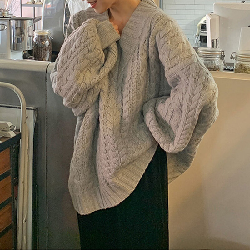 한국어 세련된 인기 스웨터 이른 가을 게으른 스타일 v-목 트위스트 느슨한 니트 탑 겨울 의류 숙녀 상단의 고품질 감각