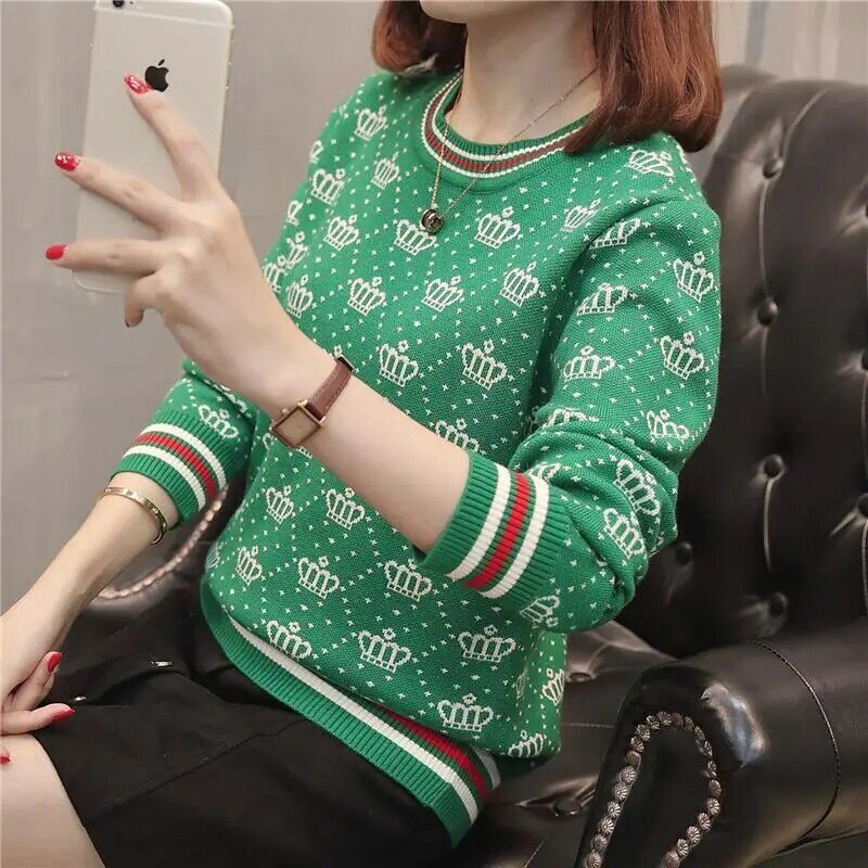 Retro Sweater Knitted Pullover O Neck Crown Jacquard High Quality Fashion Designer Women Winter Top Korean Fashion Lady Clothed