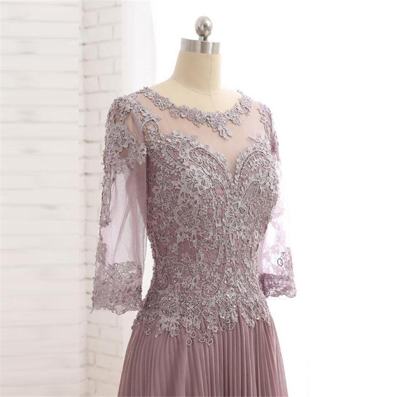 Pleated O-neck Three Quarter Sleeve Wedding Party Dress Lilac Crystal Lace Mother of The Bride Dress