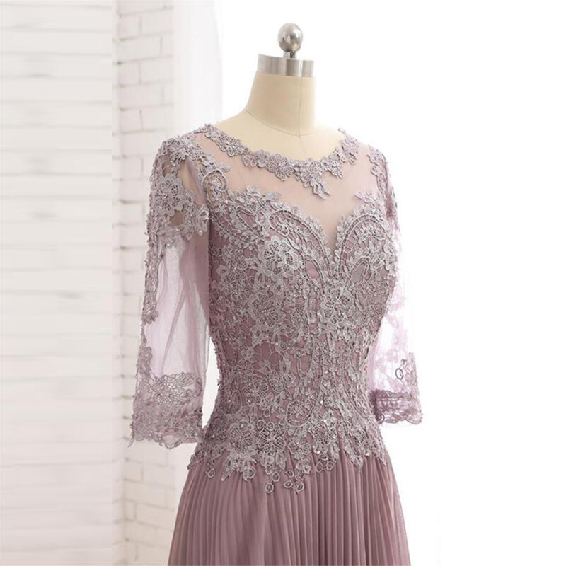 Geplooide O-hals Drie Kwart Mouw Wedding Party Dress Lila Crystal Lace Moeder Van De Bruid Jurk