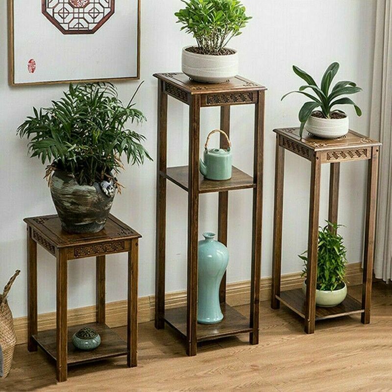 Antique Bamboo Chinese Plant Rack Retro Flower Pot Stand Vase Display End Table with Pattern for Sofa Side Living Room