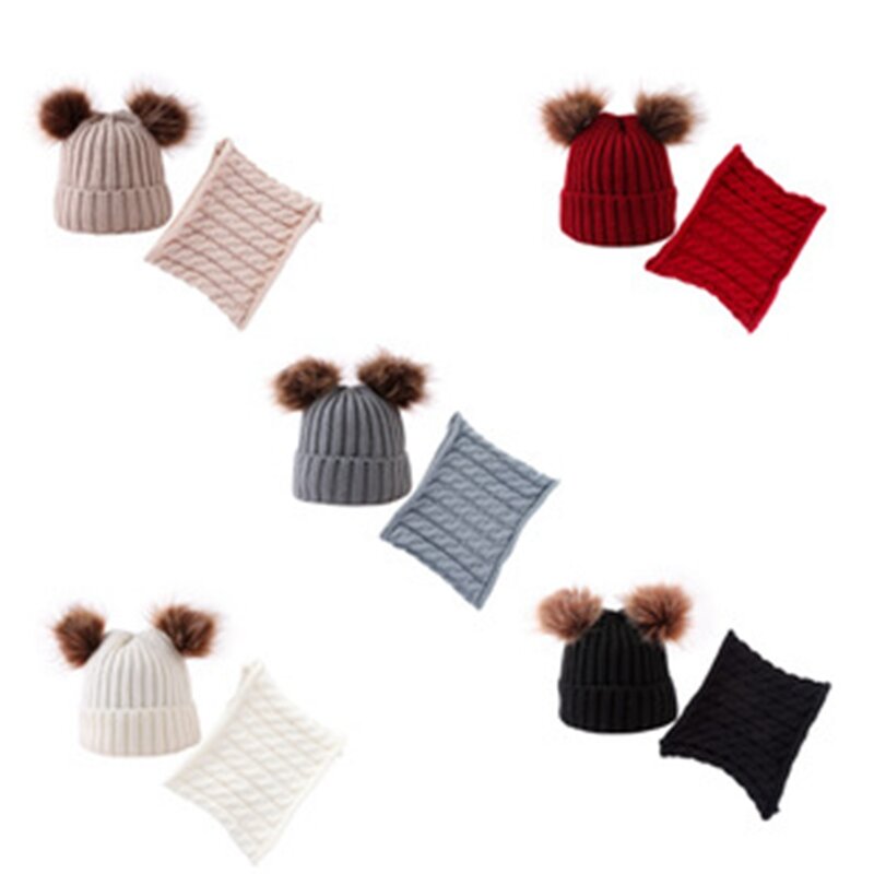 Double Fluffy Ball Infant Warm Hat and Neckerchief Two Piece Set Solid Color Knitting Wool Toddler Cap Baby Headwear Photo Props