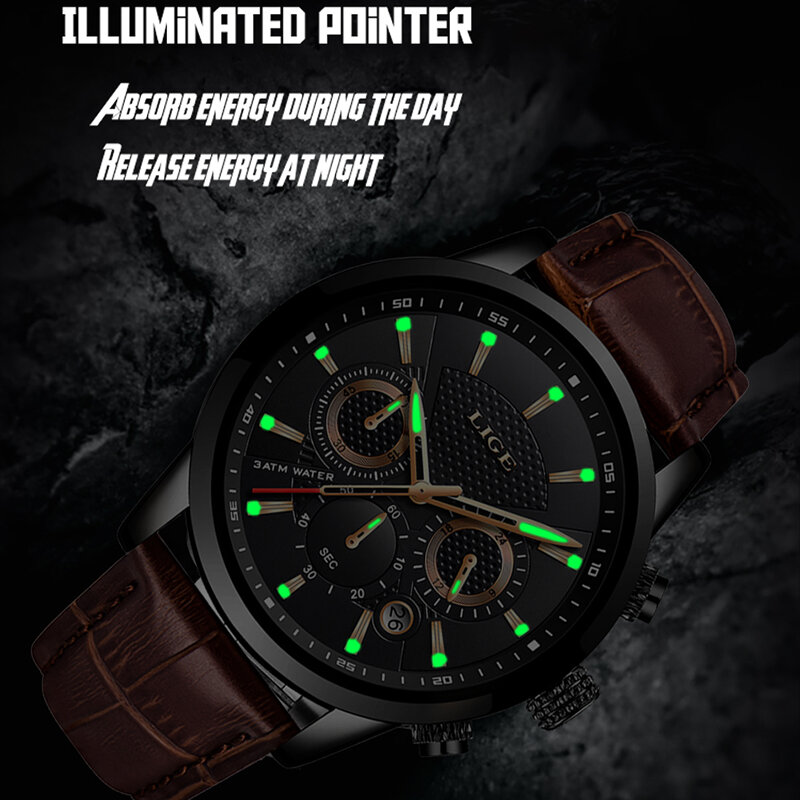 Nuevos relojes LIGE para hombre, reloj deportivo militar de lujo, reloj impermeable de cuero para hombre, reloj de pulsera de cuarzo, reloj Masculino + caja