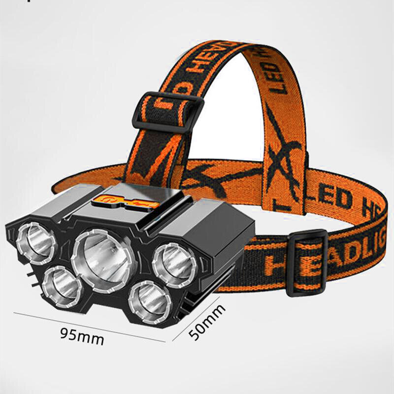 5 Led Strong Headlight Usb Rechargeable Built-in Battery Super Bright Head-Mounted Flashlight Outdoor Rechargeable Night Fishing