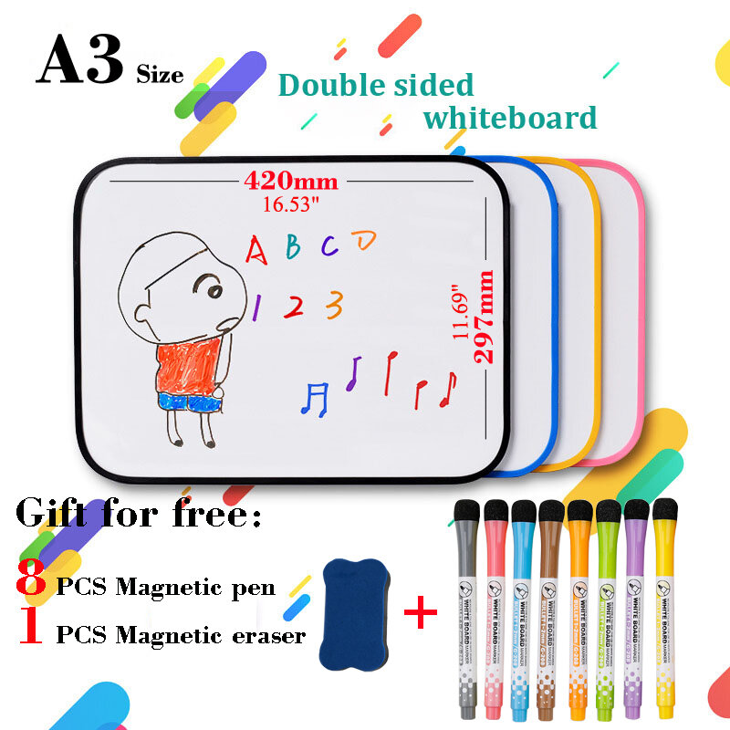 Pizarra blanca de doble cara para niños, tabla de práctica de borrado en seco, tamaño A3, para escribir y dibujar, con borde protector de silicona