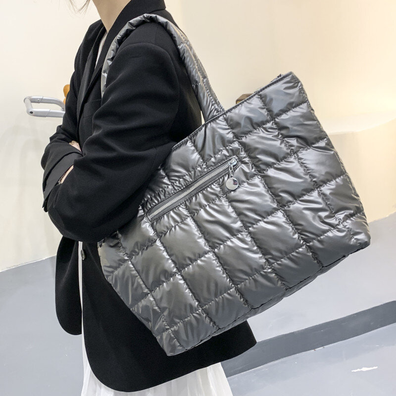 Grande capacidade tote bags qualidade das mulheres saco de ombro de náilon acolchoado xadrez design bolsas femininas tamanho grande prata saco de compras sac