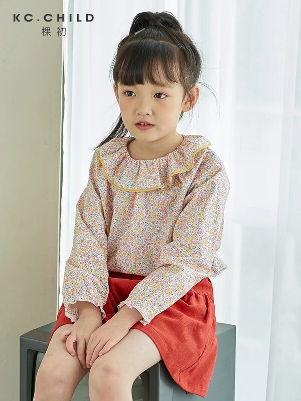 KC. Blusa de algodón con estampado Floral para niñas, camisa de manga larga con volantes, estilo dulce