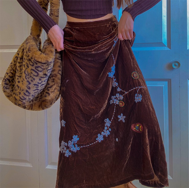 Hirigin y2k fairycore grunge alta cintura longa saias retas retro bordado floral maxi saia 90s feminino vintage boho roupas