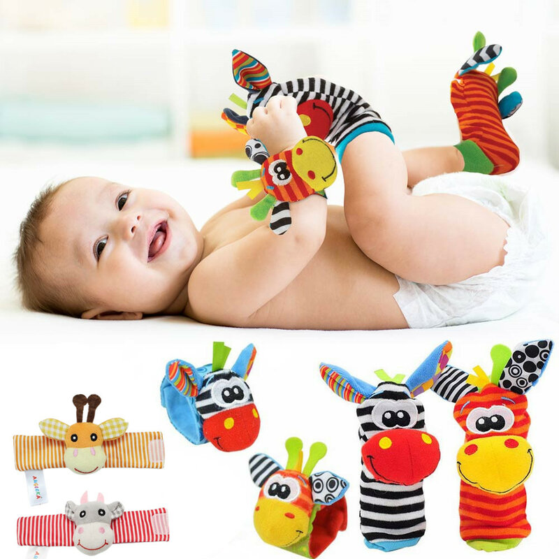 Hochets de poignet en peluche pour bébé, chaussettes en peluche de dessin animé, jouets pour bébés, ensemble de hochet doux pour bébé, détecteur sensoriel de pied, jouets cadeau