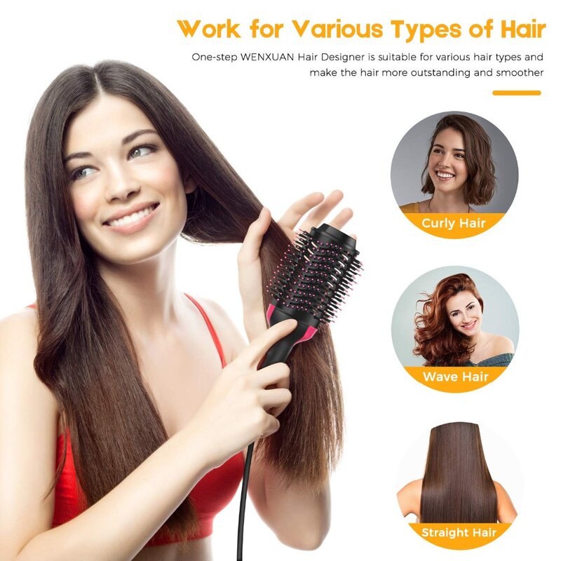 Cepillo de cabello secador y voluminizador en un solo paso, cepillo con paleta de aire caliente, generador de iones negativos, rizador y alisador de cabello