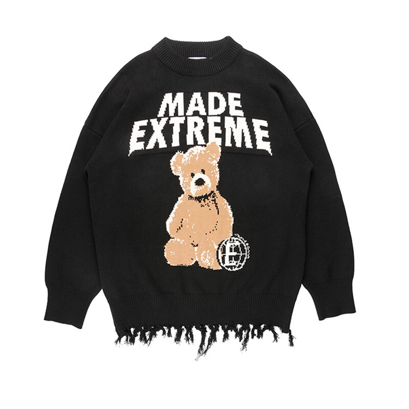 Sweter Hip Hop Streetwear Pola Beruang Kerah O Busana Musim Gugur Musim Dingin Pakaian Rajut Pasangan Pria Wanita Hem Rumbai Longgar Rajutan Pullover