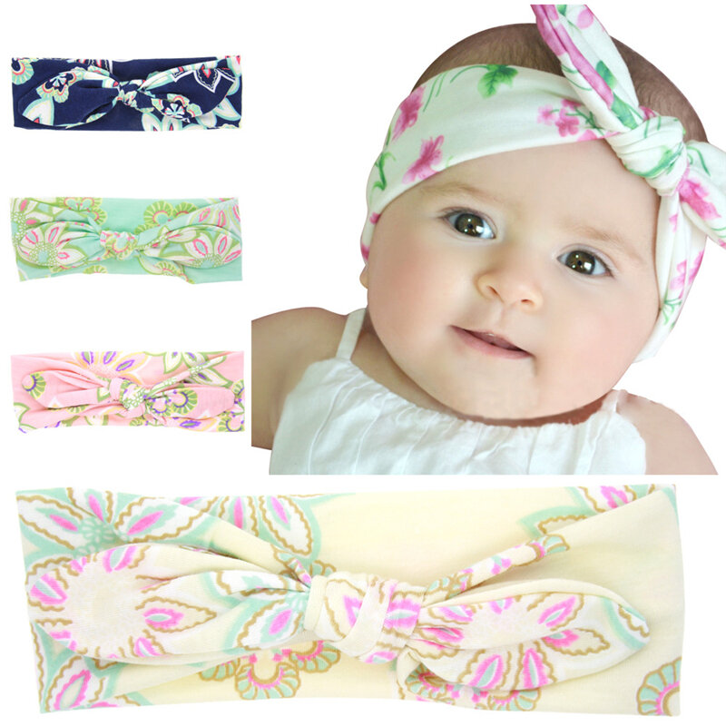 Diadema con estampado Floral para niña y bebé, bandanas con orejas de conejo, anudado turbante, diadema elástica
