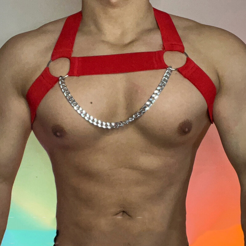 Sexy corrente de ferro cinta no peito muscular homem elástico cintas de fitness boate dj festa gogo trajes pólo dança acessórios xs3502