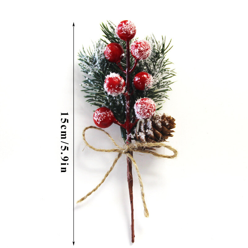 Christmas Artificial Pine Branch Red Berry Holly Flower Bouquet Xmas Decor Ornament Articifial Red Berry Pine Needles Twig DIY