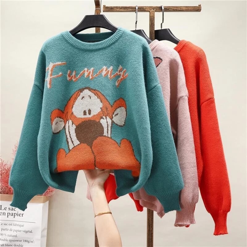 2021 New Cute Autumn Sweaters Korean O Neck Long Sleeve Oversize Sueter Mujer Japanese Kawaii Cartoon Knitted Sweater