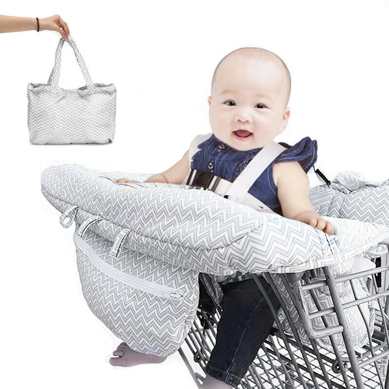 Carrinho de compras dobrável cinza e branco onda 2 em 1, capa com bolsa transparente para celular, capa para cadeira alta, infantil e criança