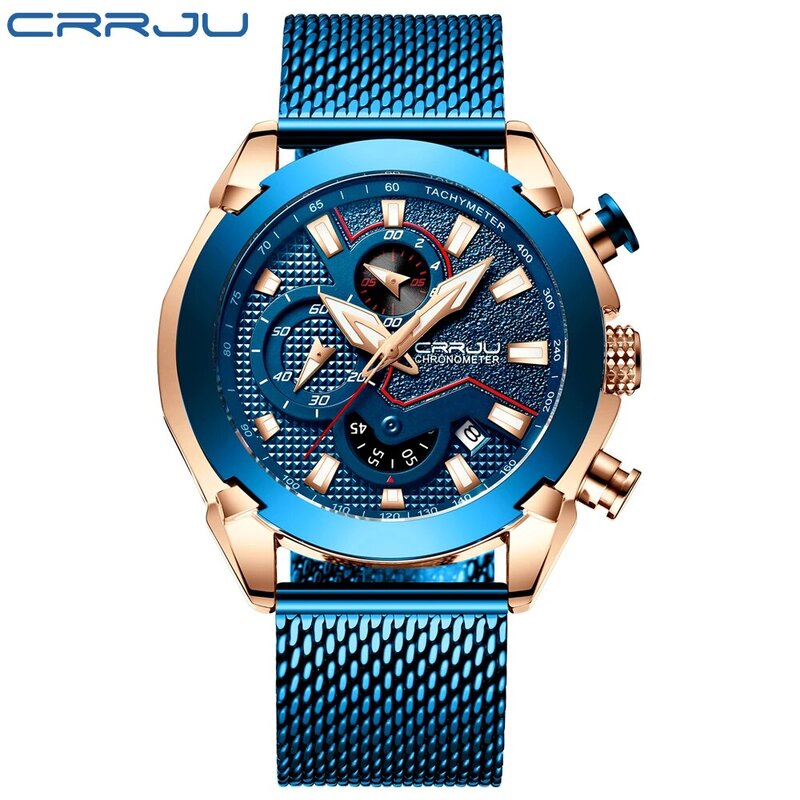CRRJU men's steel belt watch, mechanical design business watch, men's quartz waterproof watch