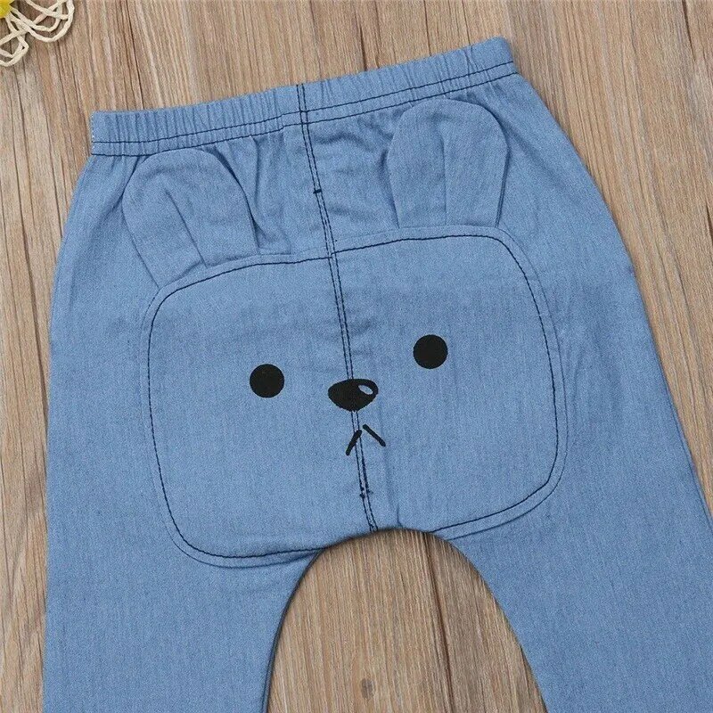 Calça jeans fofa para bebês, calça comprida com estampa animal para crianças meninos meninas calça legging para bebês