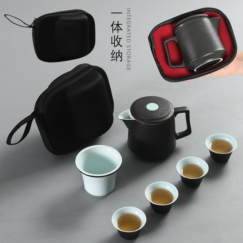 Portable Black Pottery Express Cup, One Pot, Four Cups Travel Teaware with Ceramic Filter Business Gifts