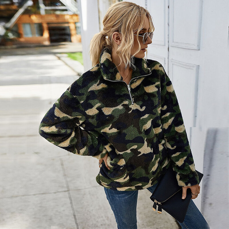 Casual Plush Sweater Fleece Ccamouflage Print Plaid Lapel Long Sleeved Pullover Autumn Winter Ladies Street Loose Thick Sweaters