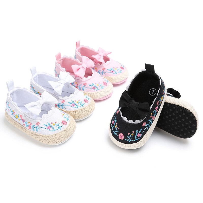 Big Bow Toddler Shoes for Newborn Floral Embroidery Baby Soft Sole First Walker Anti-Slip Baby Girls Shoes Prewalker0-18M