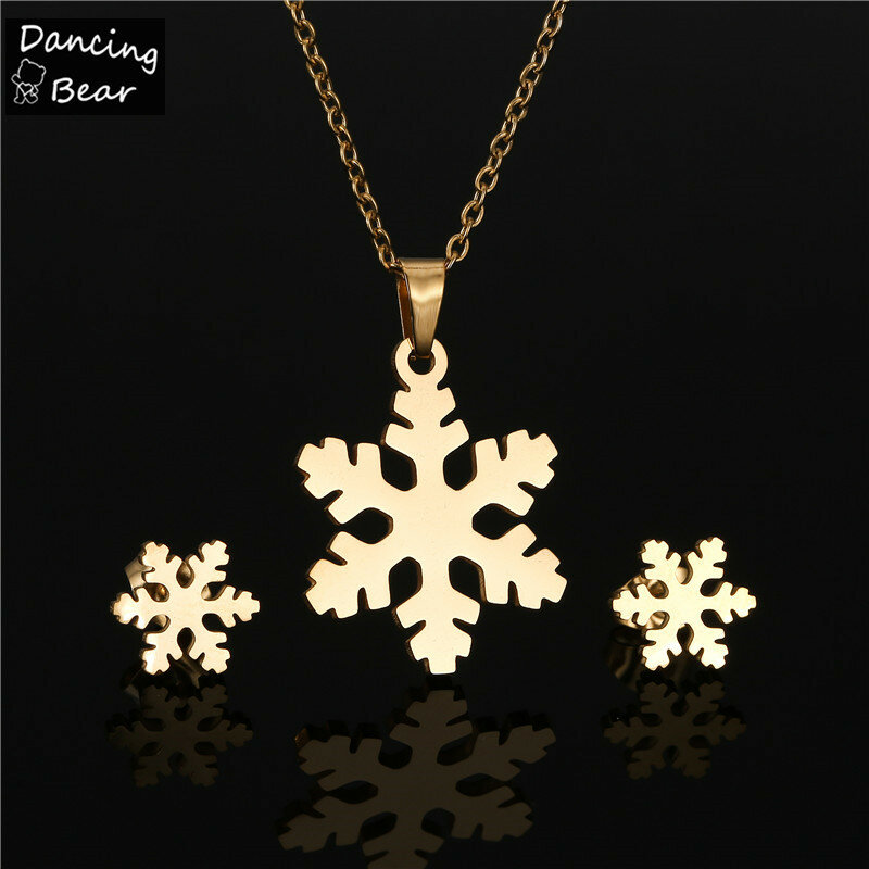 Gold Color Stainless Steel Necklace Earring Jewelry Sets Bear Cross Clover Necklace Sets for Women Never Faded Color Jewelry