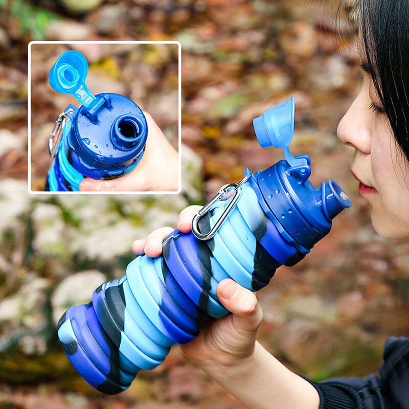 500ML sport bottiglia d'acqua Bpa pieghevole portatile a prova di perdite tazza da viaggio in Silicone con coperchio per corsa escursionismo bottiglie d'acqua