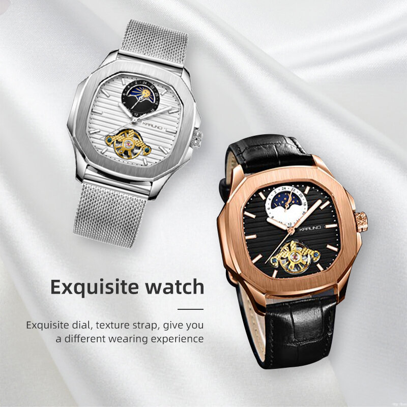 Karuno-メンズ機械式時計,スクエアレザームーンフェイズ腕時計