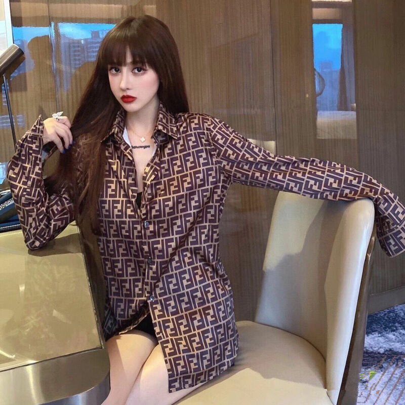 2021 nova manga longa solta e elegante camisa casaco de corpo inteiro impresso camisa feminina estilo coreano comprimento médio blusa