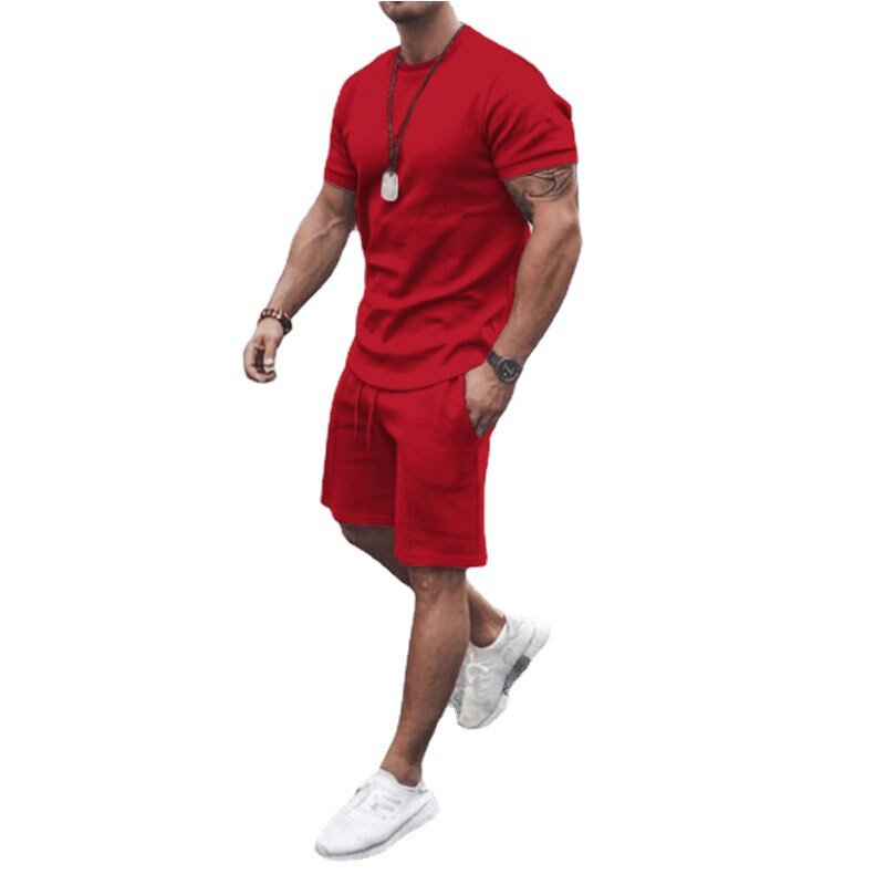 Męskie szorty Fitness lato z krótkim rękawem T-shirt 2-sztuka zestaw luźny Trend okrągły dekolt dorywczo strój sportowy XL M---5XL