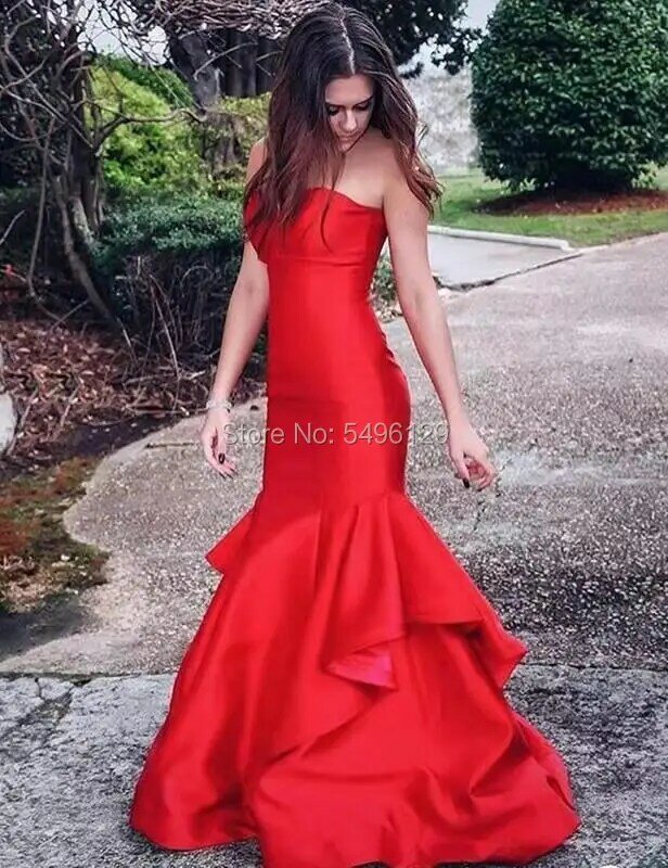 Red Satin Mermaid Prom Dresses Vestido De Longo Sweetheart Off the Shoulder Ruffles Skirt Evening Dress Prom Wedding Party Gowns