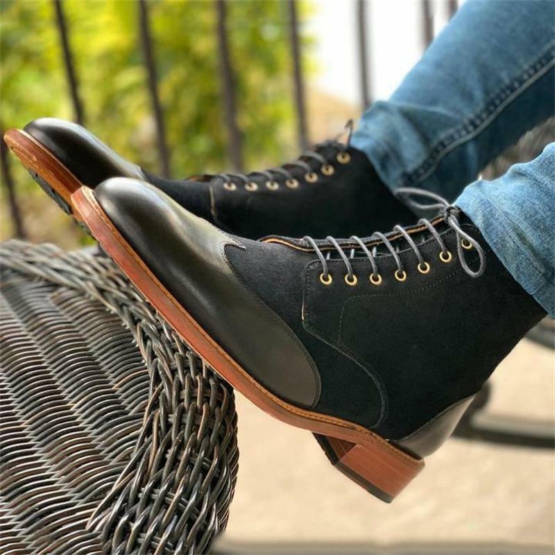 2021 New Men Shoes Fashion Trend Gentleman Dress Shoes Handmade Black PU Stitching Faux Suede Classic Lace-up Ankle Boots 3KC625
