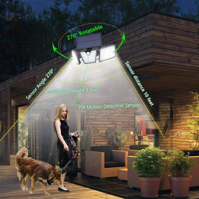 Lâmpada solar de parede com sensor de movimento, 265 led, área externa, lâmpada de parede com 270 ângulo de iluminação, 2400mah, para jardim, paisagem