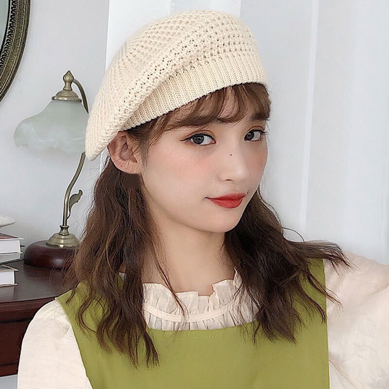 Вязаный берет в японском стиле для женщин, милая японская мягкая шапка в британском стиле, черная, зеленая, желтая, осенне-зимняя