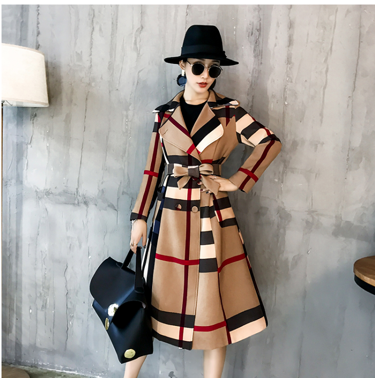 Jaket Wanita Baru Musim Gugur dan Dingin Yang Dipertebal Dalam Warna Sederhana Panjang Yang Cocok dengan Mantel Kotak-kotak Retro Jaket Penahan Angin Temperamen