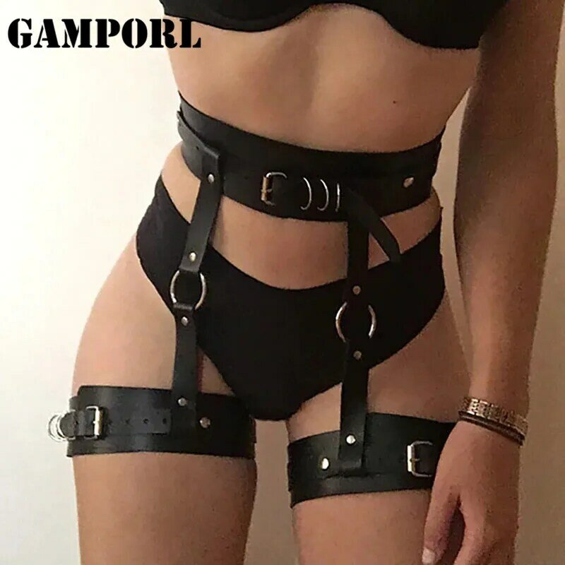 GAMPORL-حزام الساق من الجلد للنساء ، جوارب مثيرة ، حمالات ، حزام ، صنم ، فخذ ، قفص ، ملابس داخلية قوطية