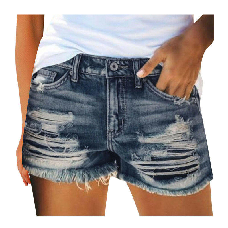 Calça jeans feminina cintura baixa, rasgada, casual com botões, bolso, calça curta de poliéster