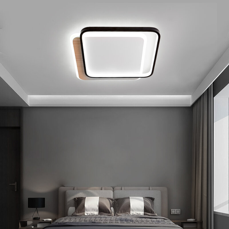 Luminária de teto em estilo nórdico, lâmpada led simples e moderna de madeira e alumínio para estudo, iluminação criativa redonda e quadrada ultrafina