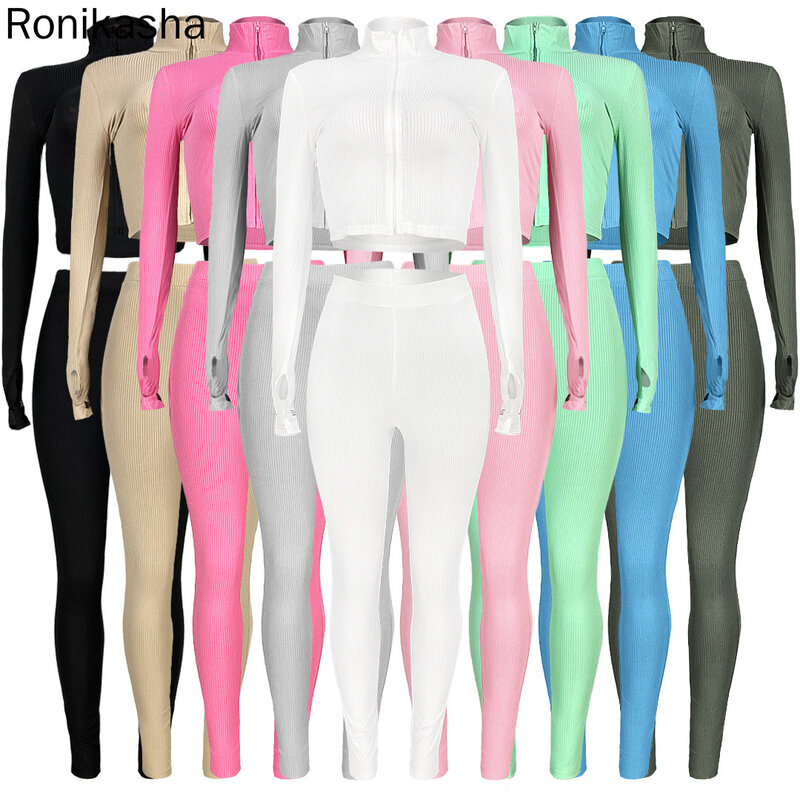Ronikasha 2 Stück Outfits für Frauen Trainingsanzug Rippen Lange Sleeve Zipper Crop Top Dünne Hosen Sweatsuit Workout Sets Sportswear
