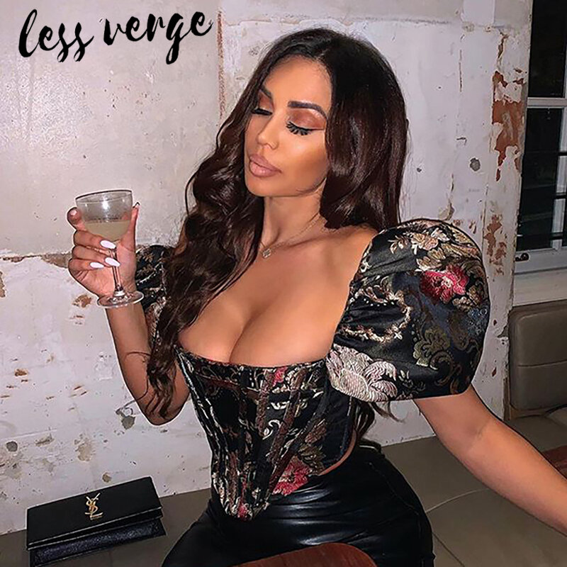 lessverge Embroidered floral black women blouse shirt Puff sleeve elegant party blouses tops Sexy bustier corset crop top