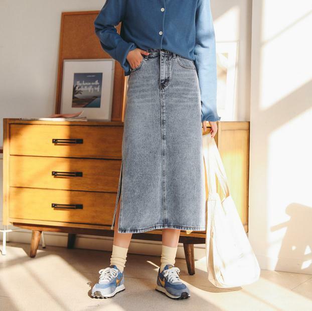 Saia longa denim saia feminina do vintage alta wasit jeans saia mais tamanho em linha reta lápis saia elegante outono lado split k1538