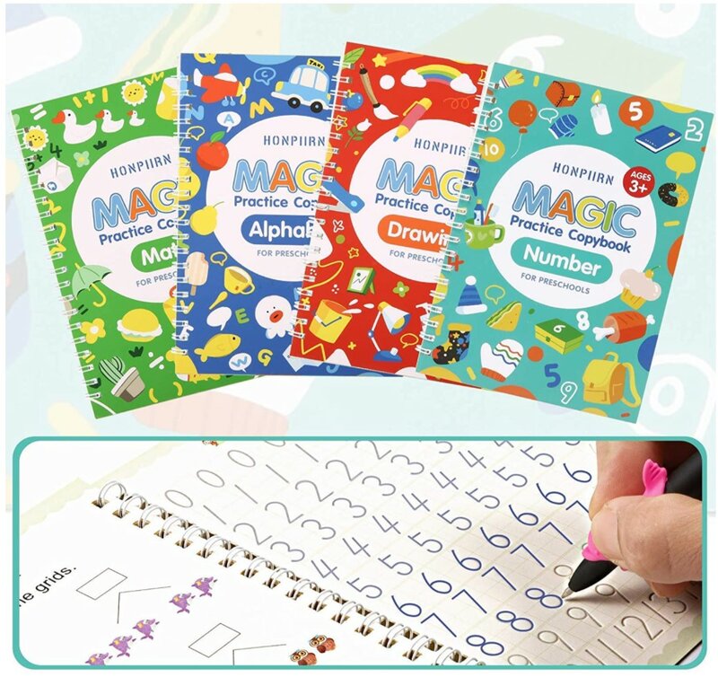 4 Books Reusable 3D Groove Magic Calligraphy Learning English Painting Practice Copybook For Calligraphy Writing For Kids Libros