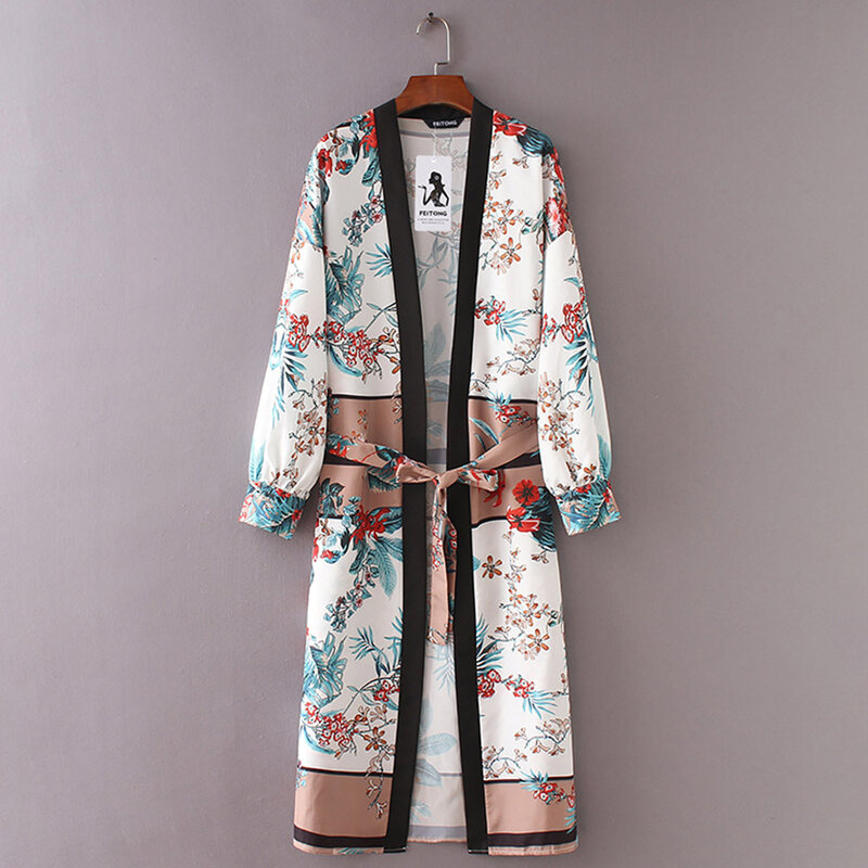 2021 novo longo kimono cardigan mulheres blusa cinto bandagem xale impressão casual kimono cardigan topo biquíni cobrir blusa beachwear