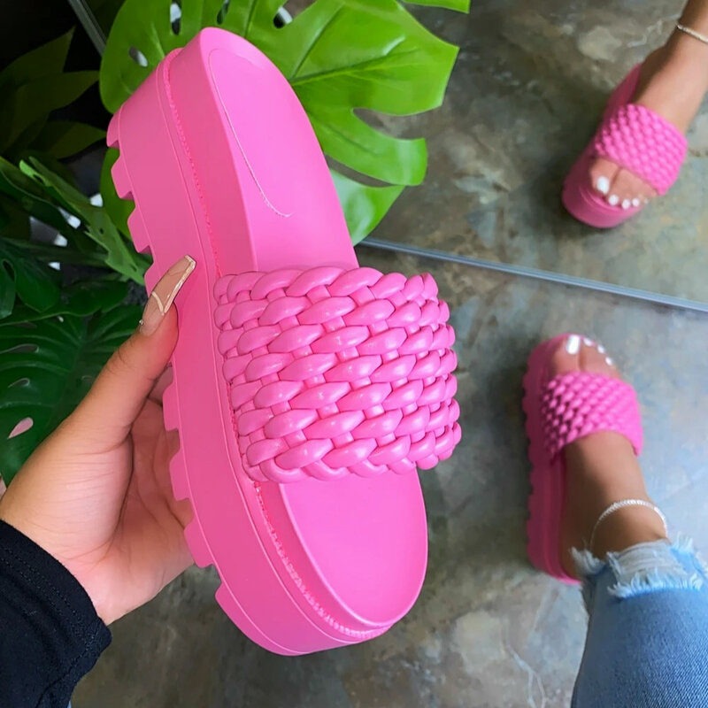 2021 Beige Women's Sandals Summer New Style Fashion Pink Thick-soled Flat Woven Solid Color Indoor Slippers
