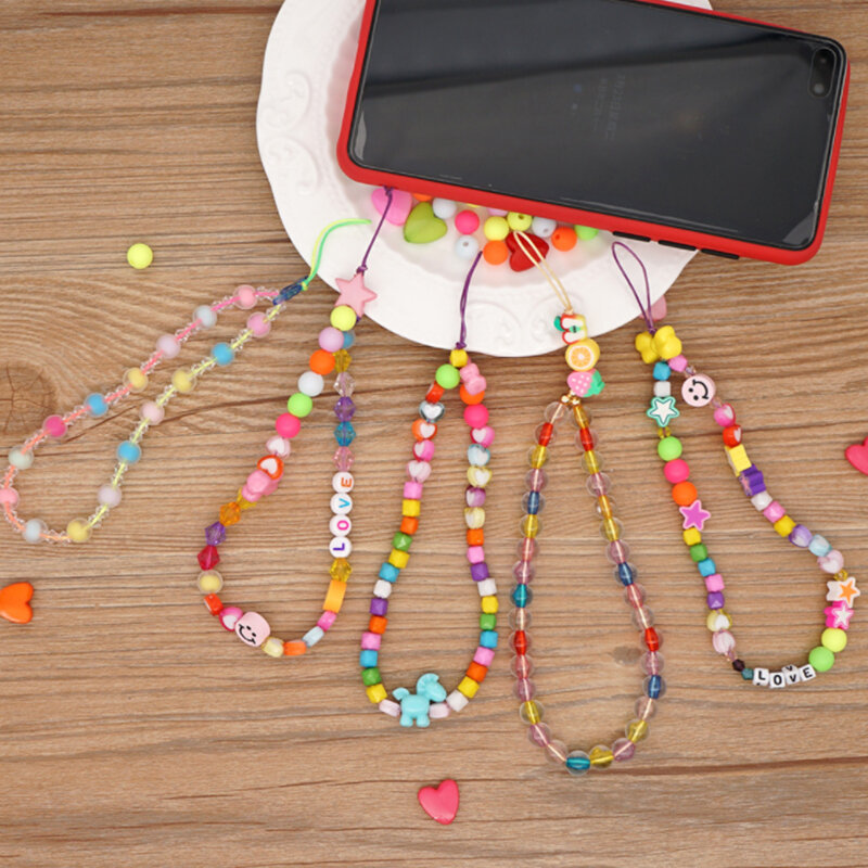 Anyaman Huruf Cinta Manik-manik Antihilang Rantai Ponsel Buah Tersenyum Tali Keramik Lembut Tali Lucu Ponsel untuk Anak Perempuan Kunci Choker Telepon