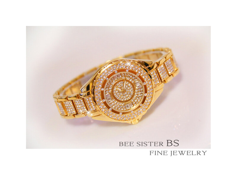 Reloj de cristal para mujer, pulsera de cuarzo resistente al agua con diamantes ostentosos de lujo, oro rosa y plata, esfera de 32mm, regalo de joyería