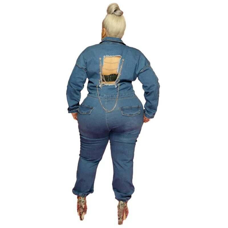 Winter Women Jeans Long Jumpsuit Hollow Out Solid Color Cargo Pants Sporty Loose Plus Size XL-4XL Long Romper Women Jumpsuit