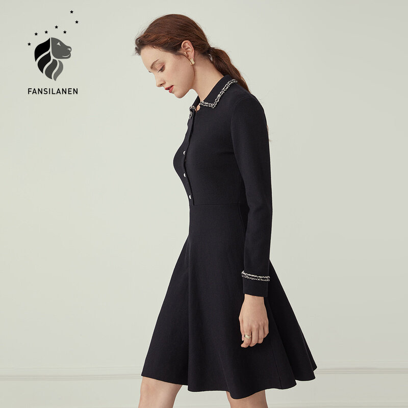 FANSILANEN-섹시하고 우아한 빈티지 프린지 슬림 셔츠 드레스 여성용, 짧은 블랙 긴 소매 오피스 울 드레스, 가을 겨울 상품